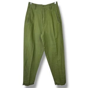 Vintage Melbourne Elements Green Linen High Waist Tailored Pleat Casual Pants
